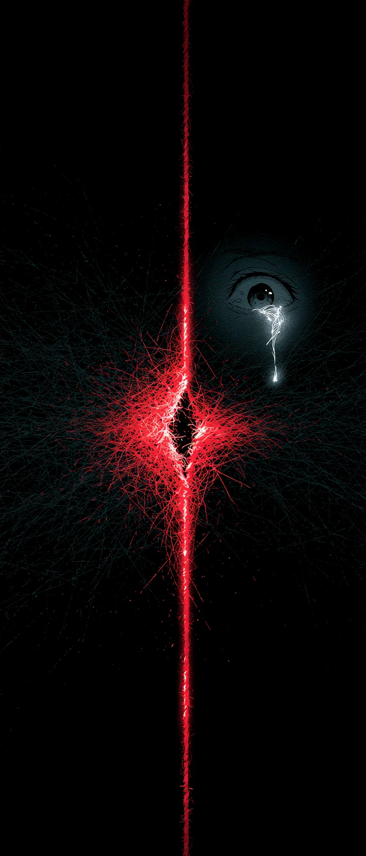 Minimalist anime eye with glowing red thread rupture