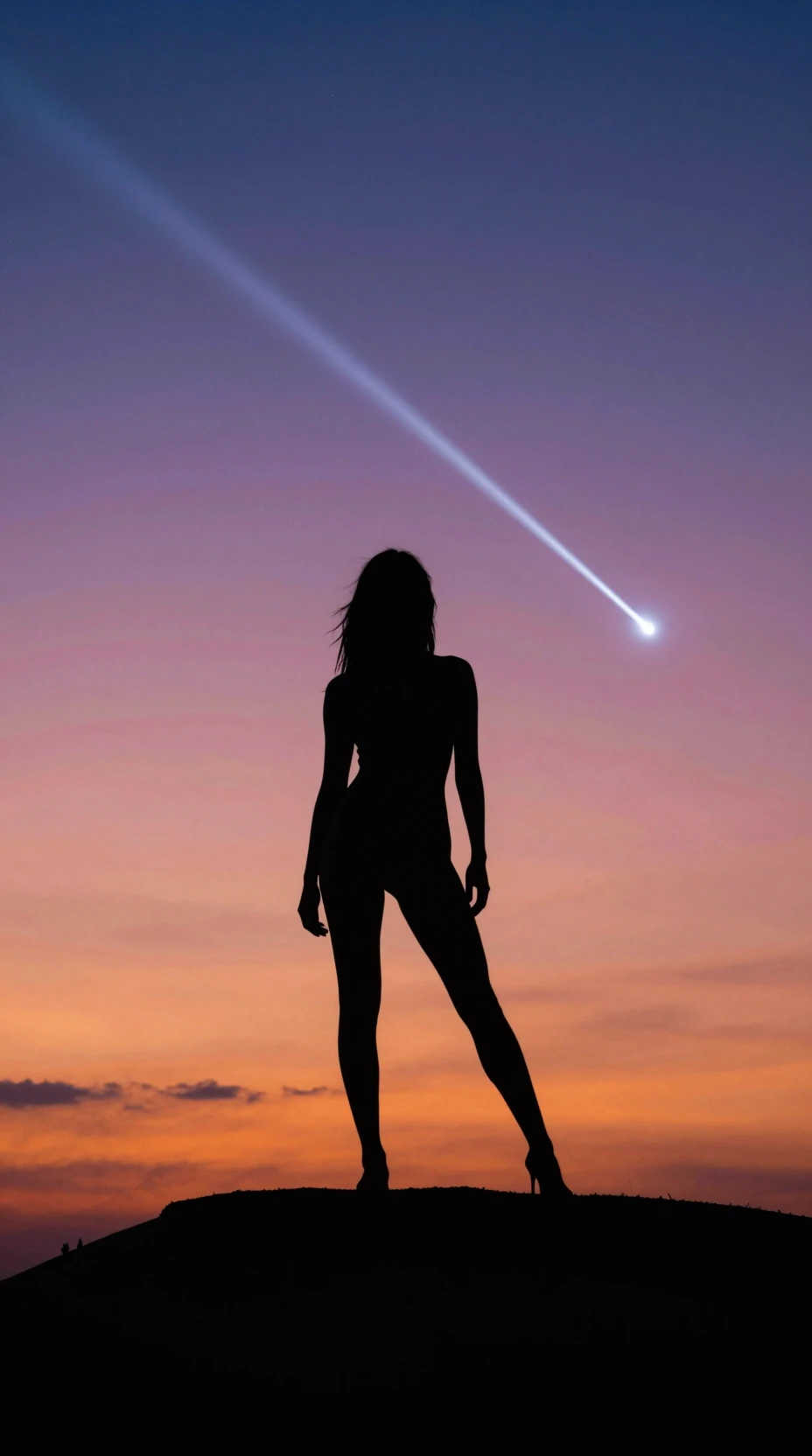 Silhouette of a confident woman on a ridge at dusk