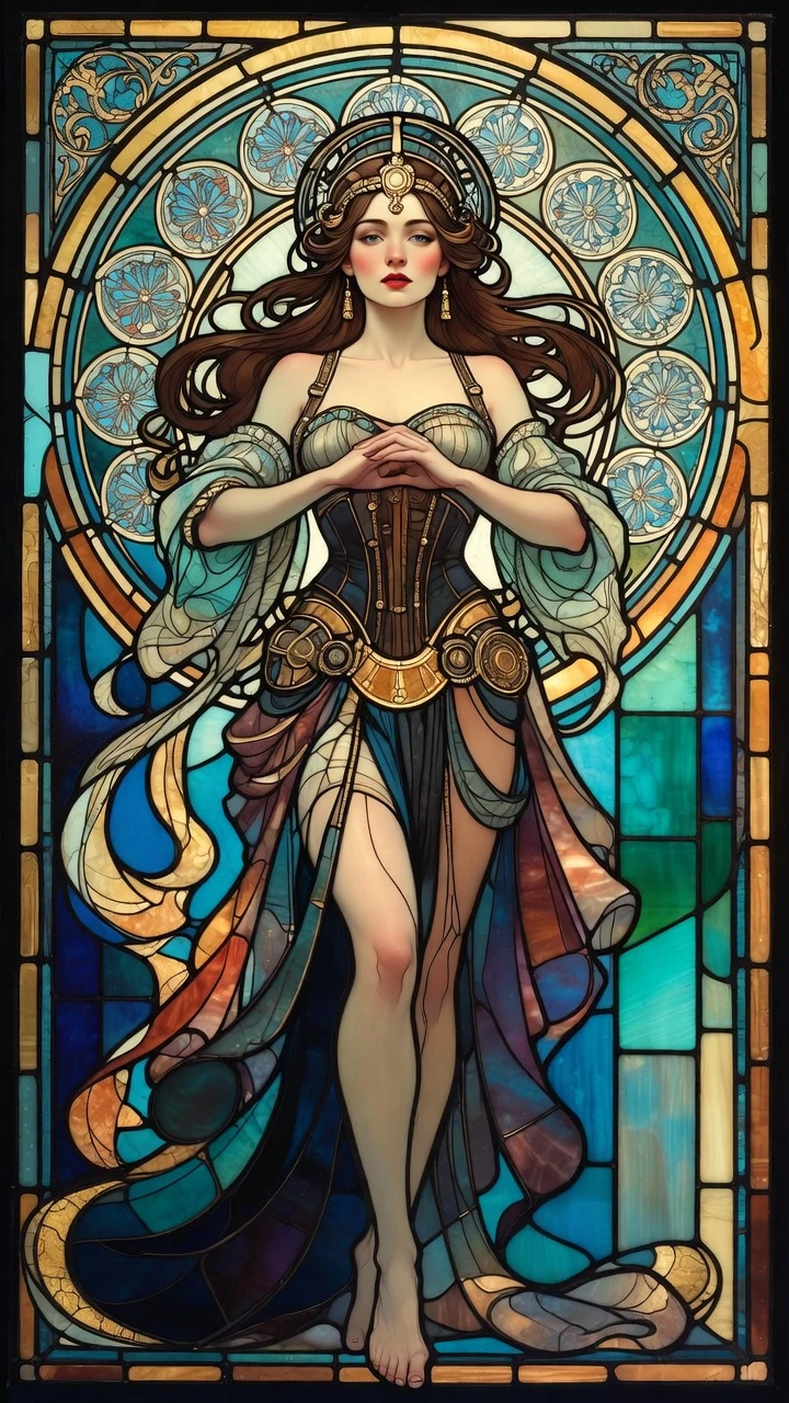 Mujer victoriana steampunk de pie y orgullosa en retrato de cuerpo entero