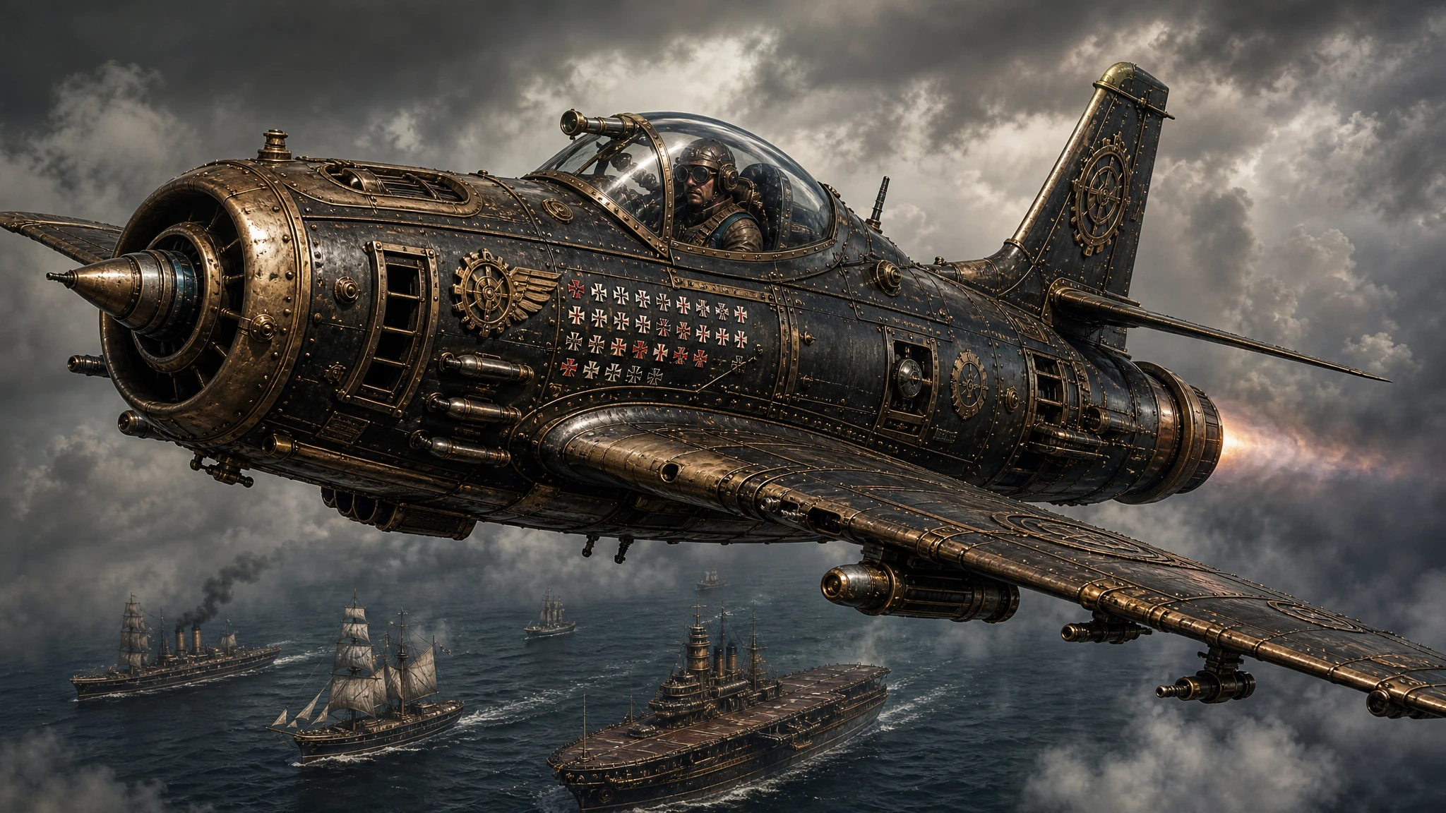 Caza a reacción steampunk surcando nubes de tormenta sobre el océano
