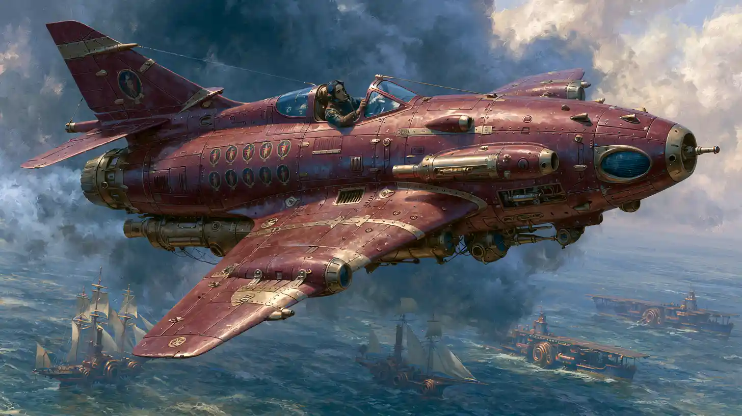 Caccia steampunk sfreccia tra nuvole tempestose sopra l’oceano