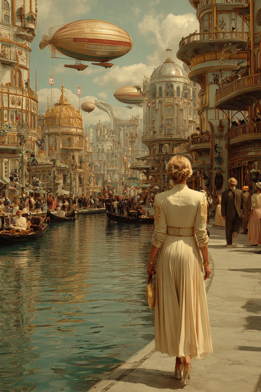 Mujer elegante caminando por una ciudad futurista de canales dorados