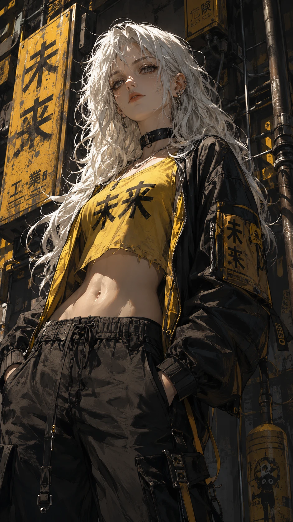 Chica anime desafiante con top amarillo en un callejón cyberpunk