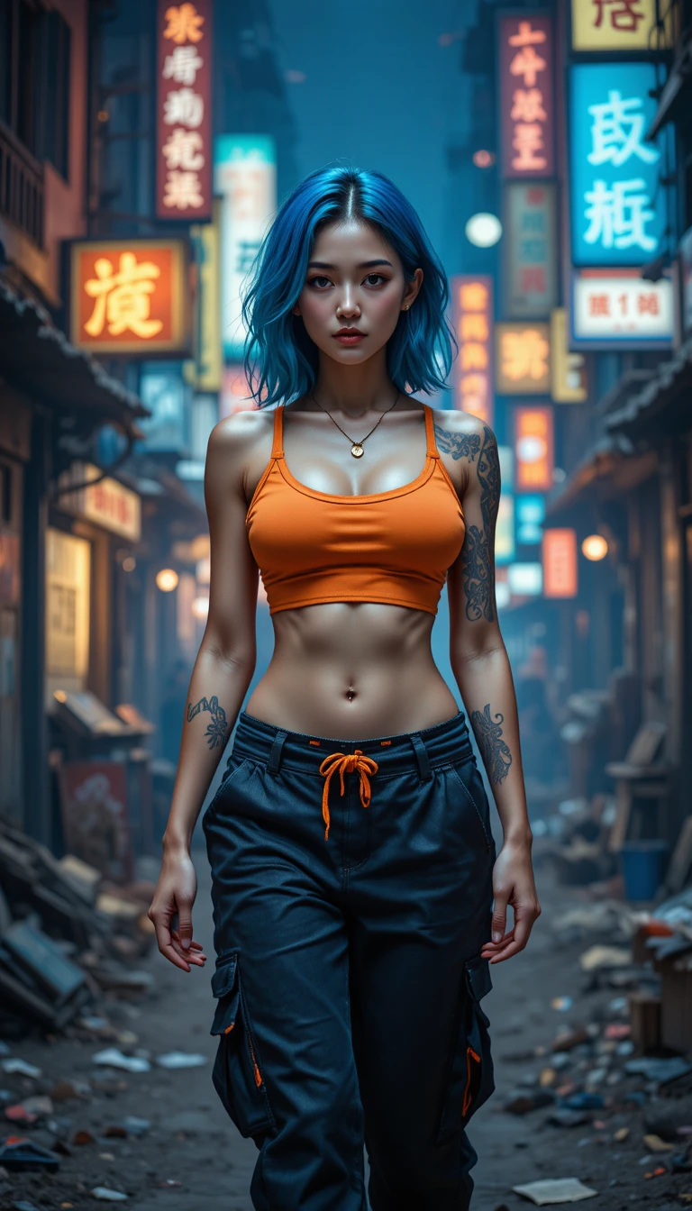 Mujer de cabello azul caminando por una ciudad en ruinas iluminada por neón