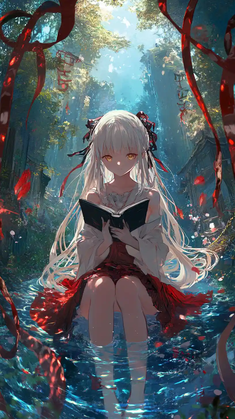 Anime girl relaxing on a pool float by a hotel cityscape