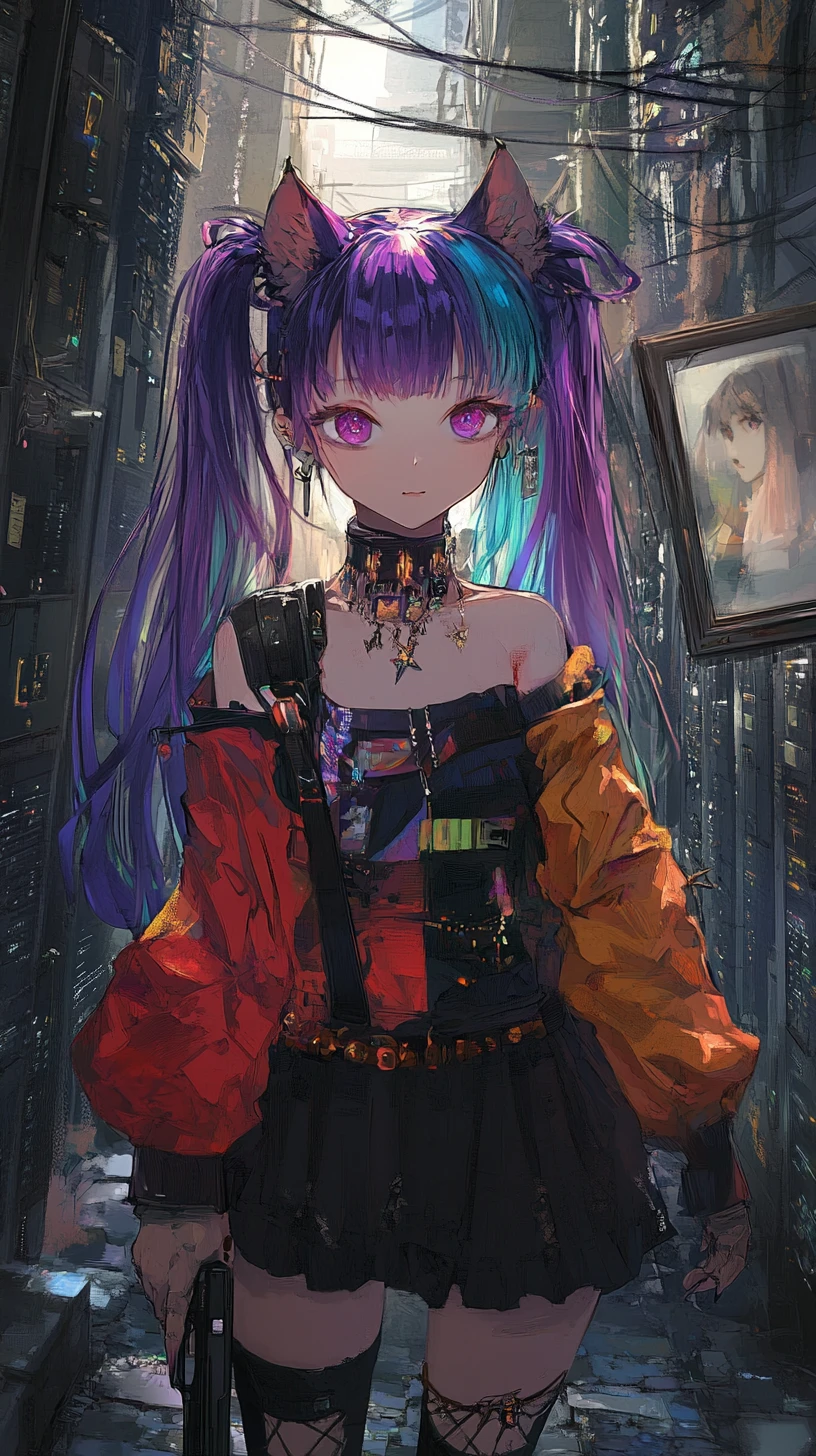 Chica de anime con trenza morada paseando un gato negro en la ciudad