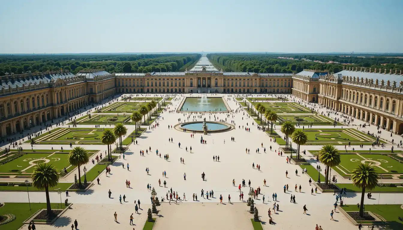 Aerial view of the Palace of Versailles and grand courtyard