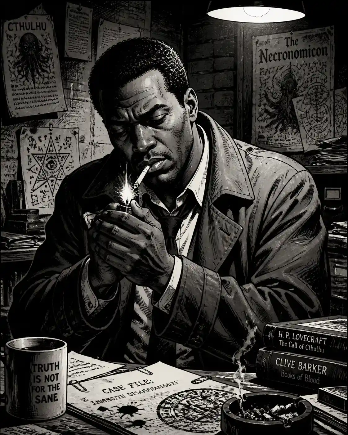 Detective noir che accende una sigaretta in un ufficio in penombra