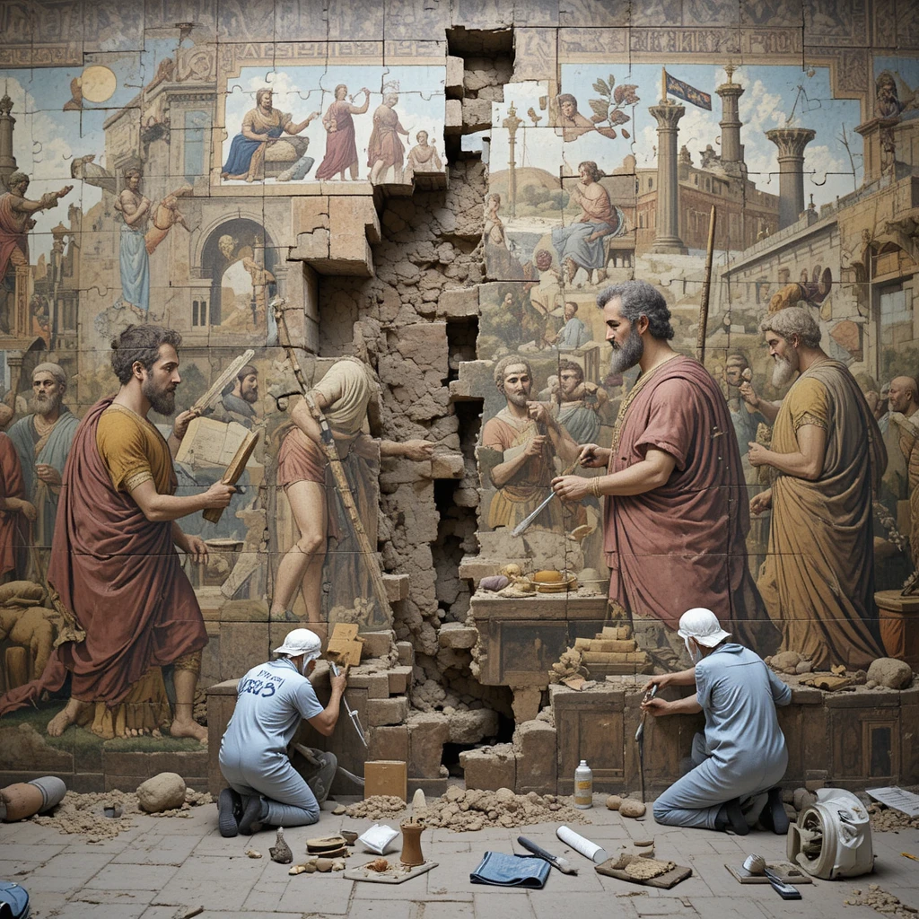 Mural romano que refleja a arqueólogos en un antiguo sitio de excavación