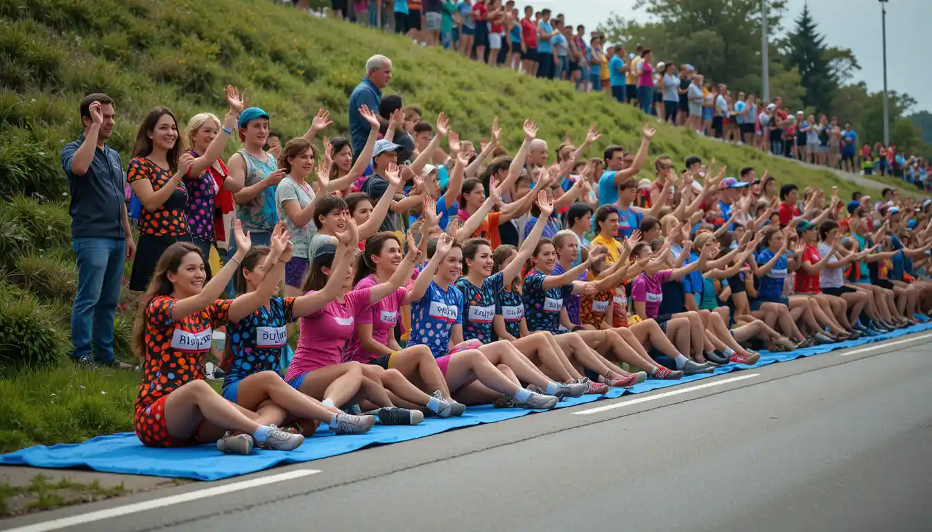 Cheering spectators sitting roadside at a daytime cycling race