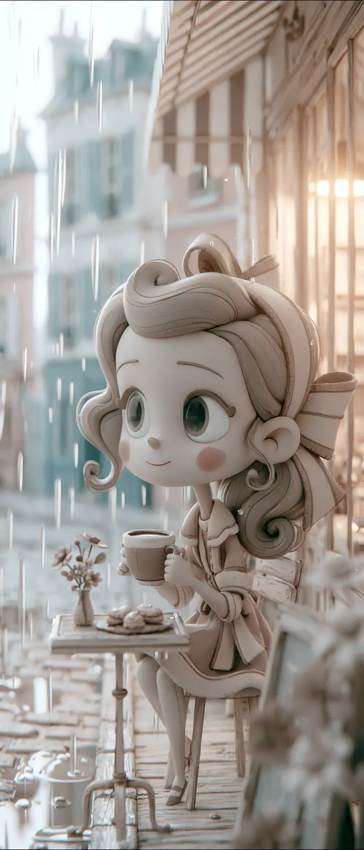 ヨーロッパの雨の街角カフェでコーヒーを飲む可愛い女の子