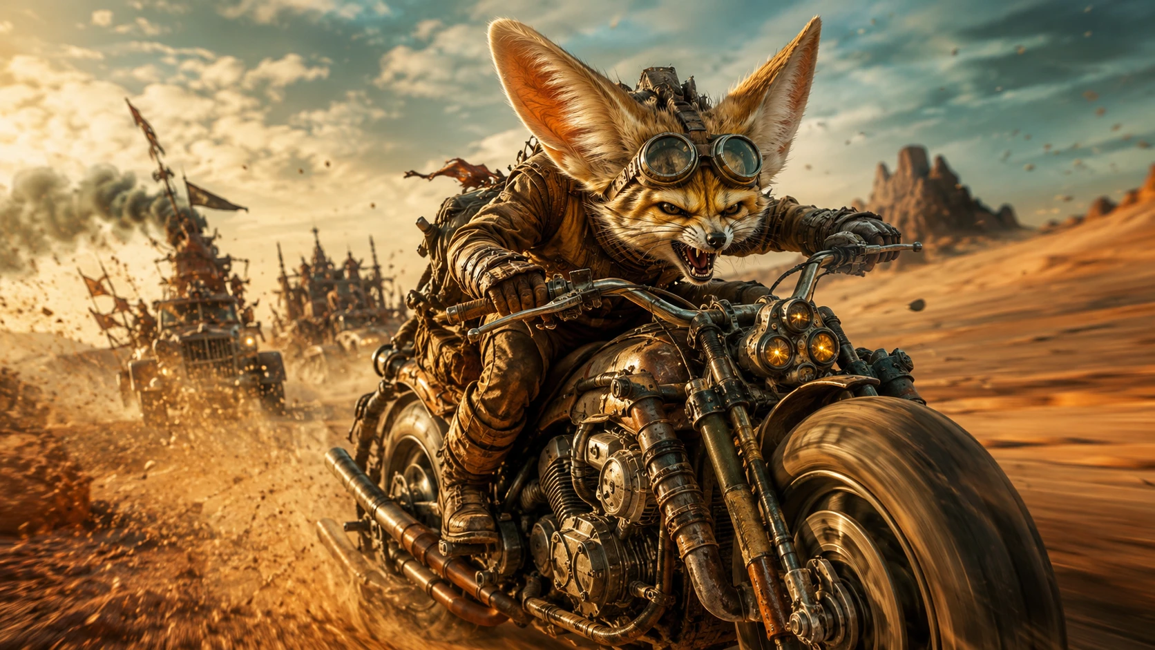 Zorro fénec en motocicleta corriendo entre el polvo del desierto