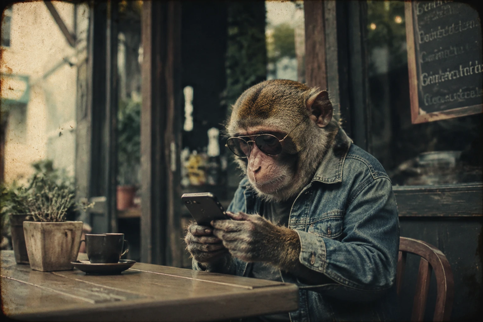 Mono hipster sentado en la terraza de un café mirando el móvil