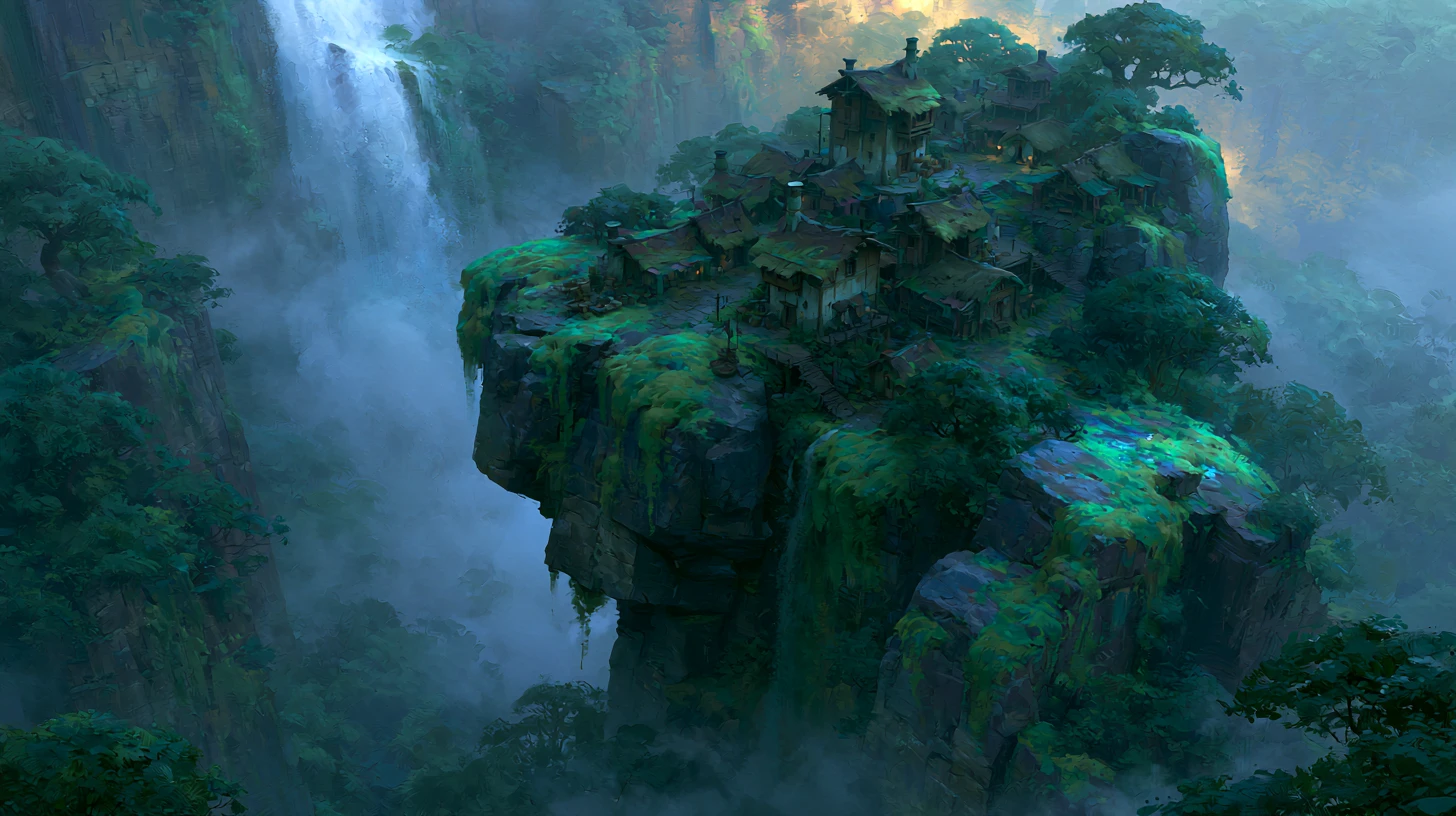 Rustic cliffside village with cascading waterfall and mist