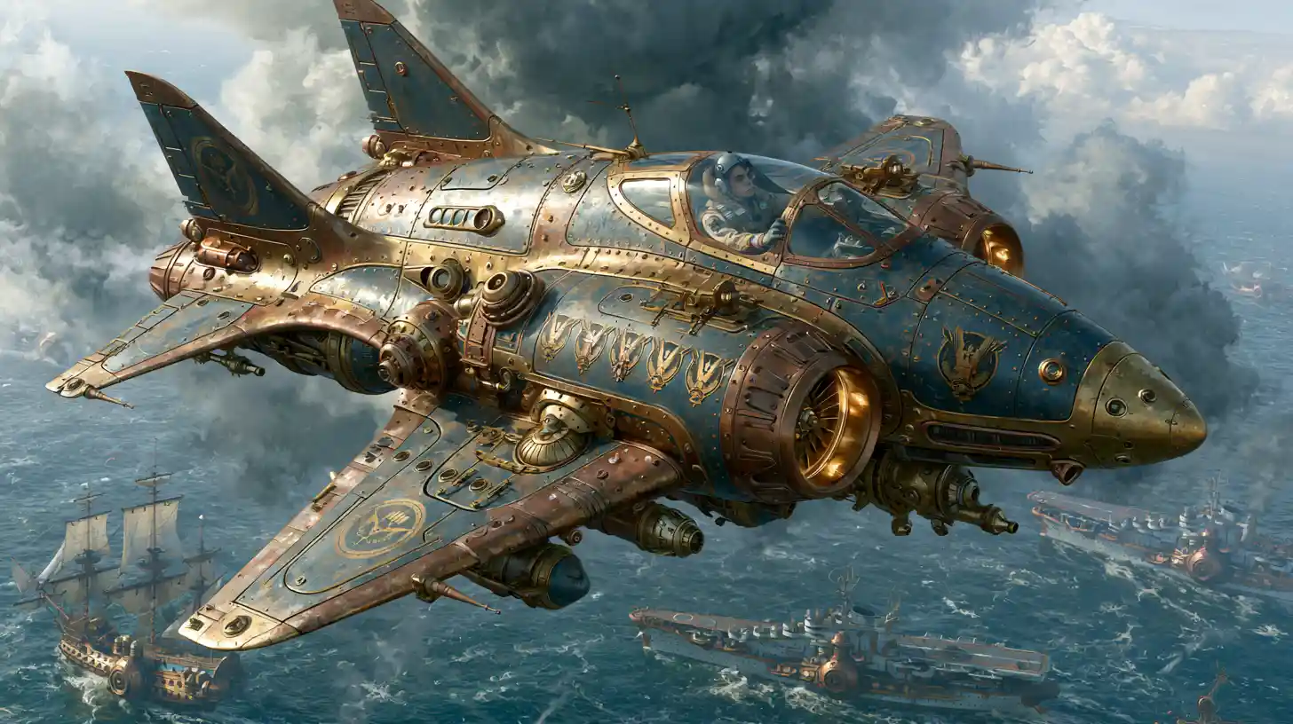 Steampunk-Kampfjet über stürmischen Himmeln und Ozean