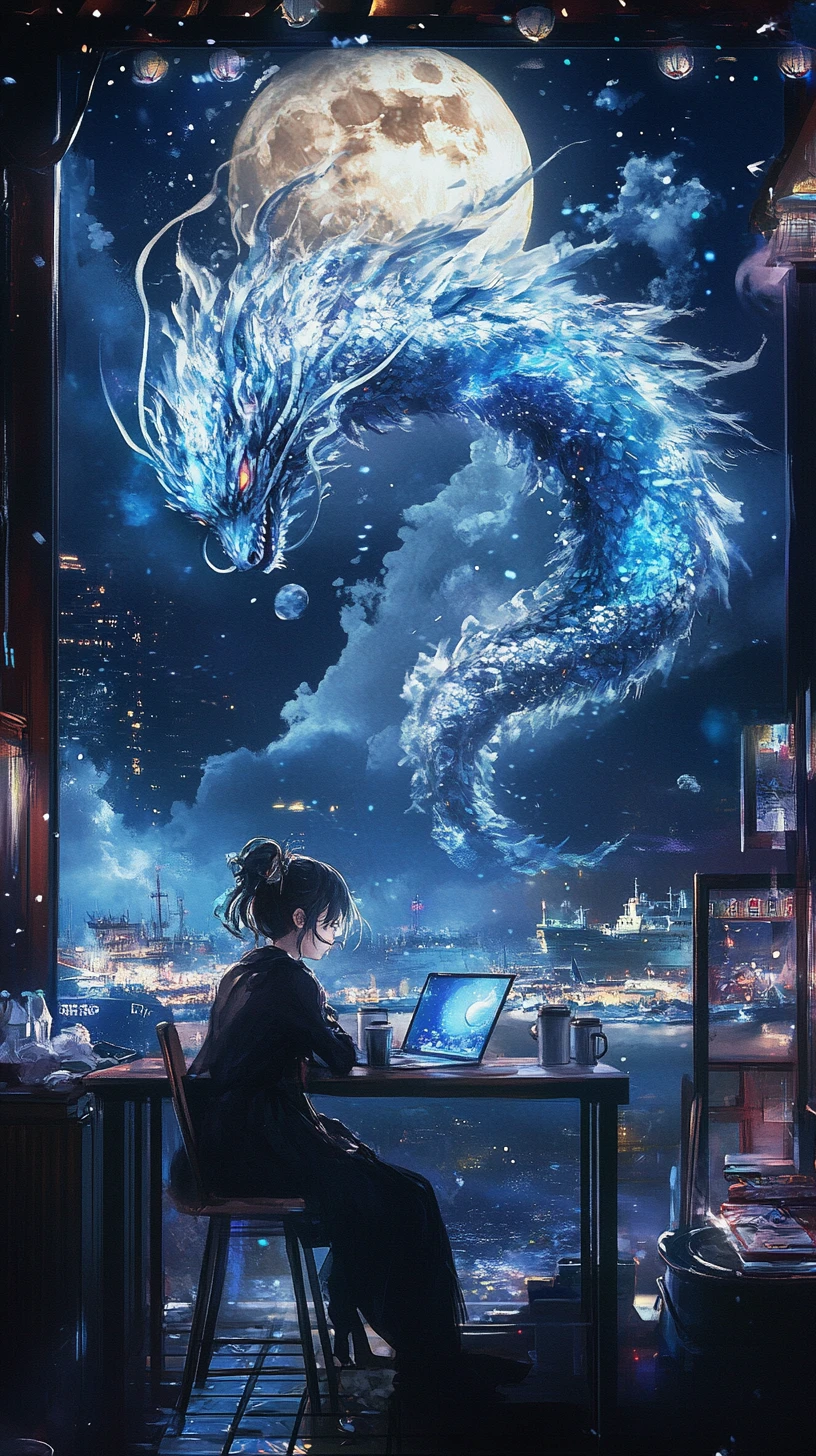 Anime girl in a cafe with laptop and angel logo screen