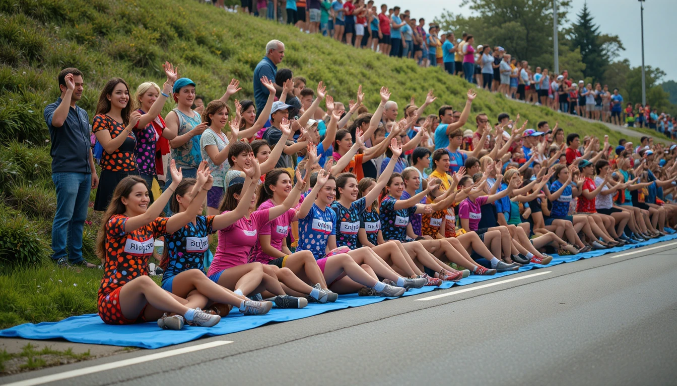 Espectadores entusiastas sentados junto a la carretera en una carrera ciclista diurna