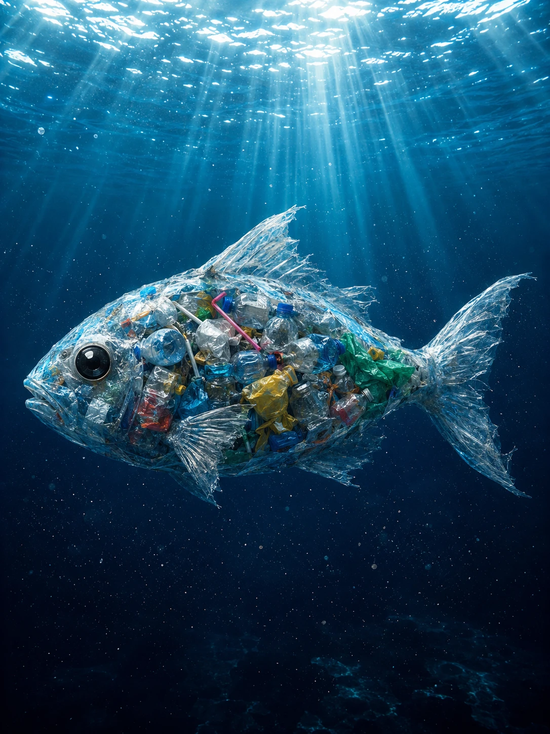 Escultura de pez de residuos plásticos flotando en el océano azul profundo