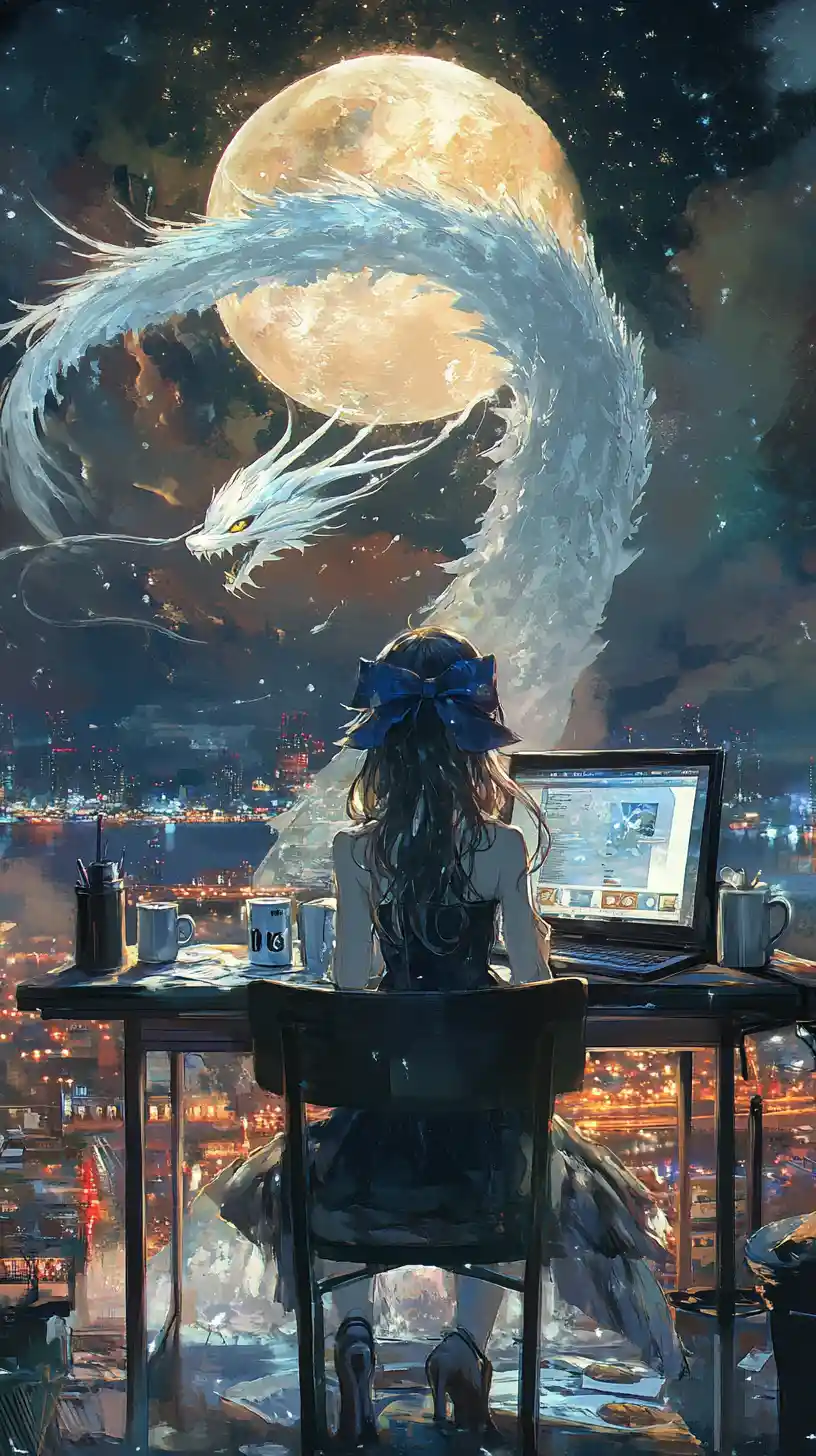 Anime girl working on a laptop in a cozy cafe