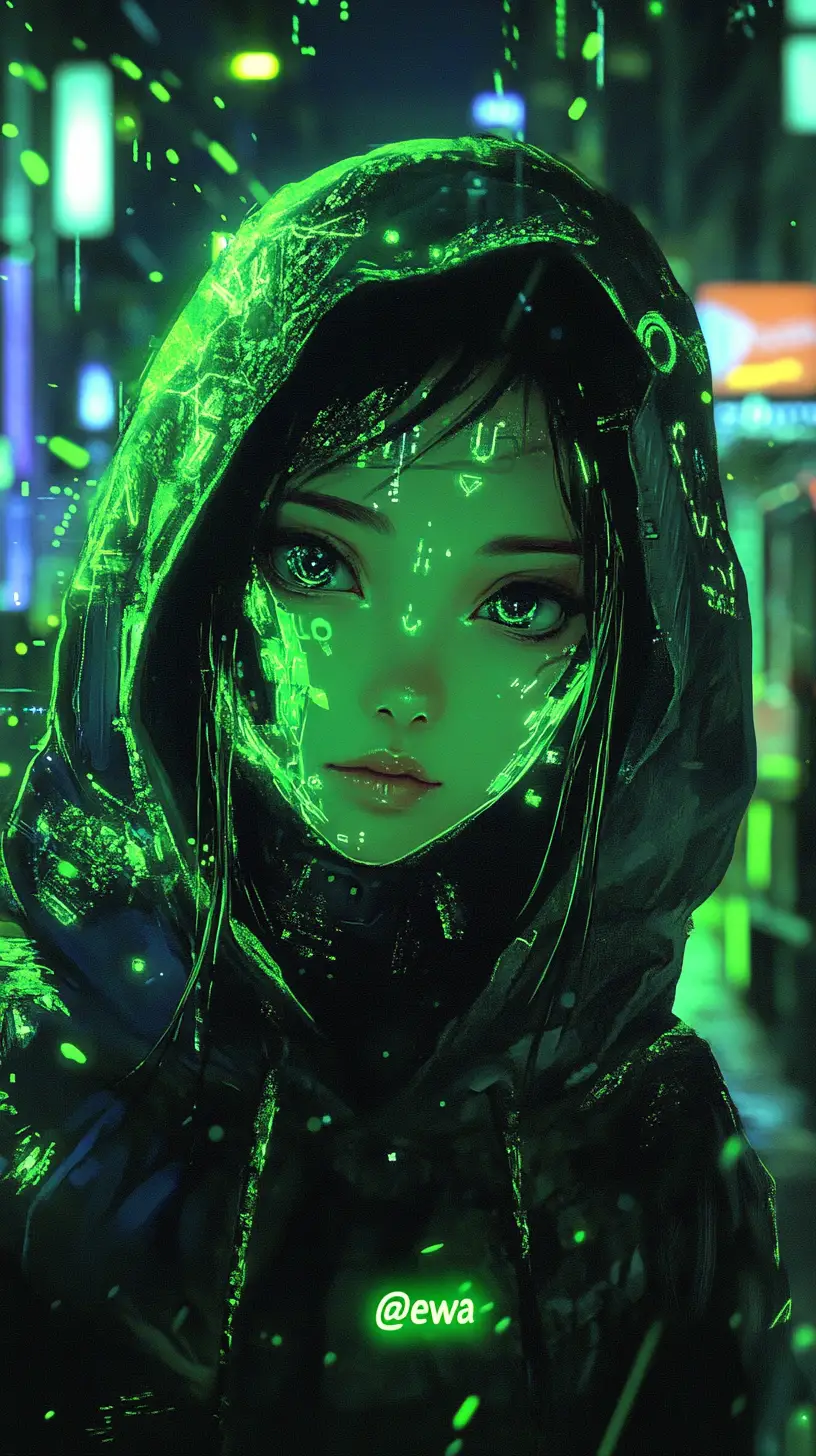 連帽外套霓虹賽博龐克光暈的動漫女孩