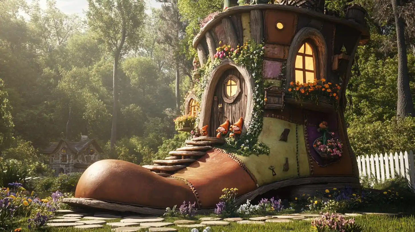 Whimsical 3D gnome boot house in an enchanted forest