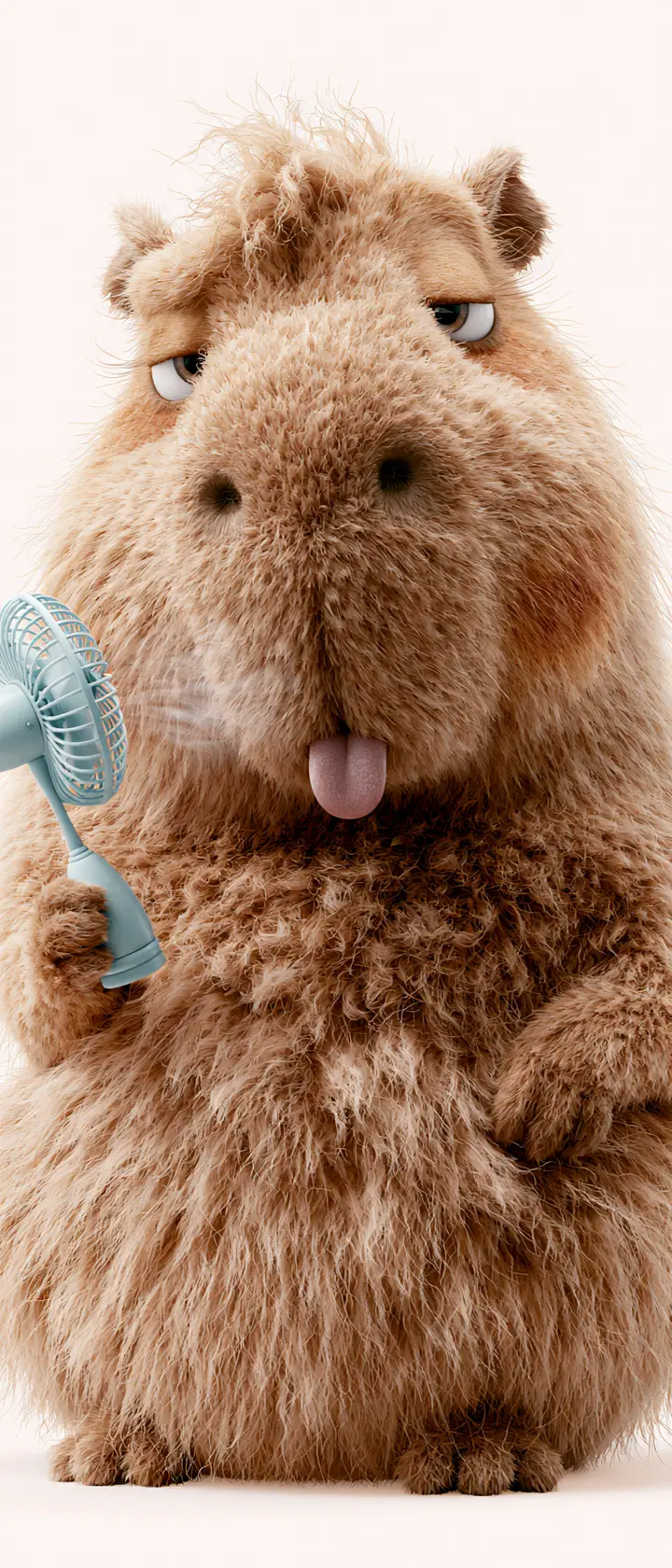 Retrato de peluche de carpincho tierno con pequeño ventilador de mano