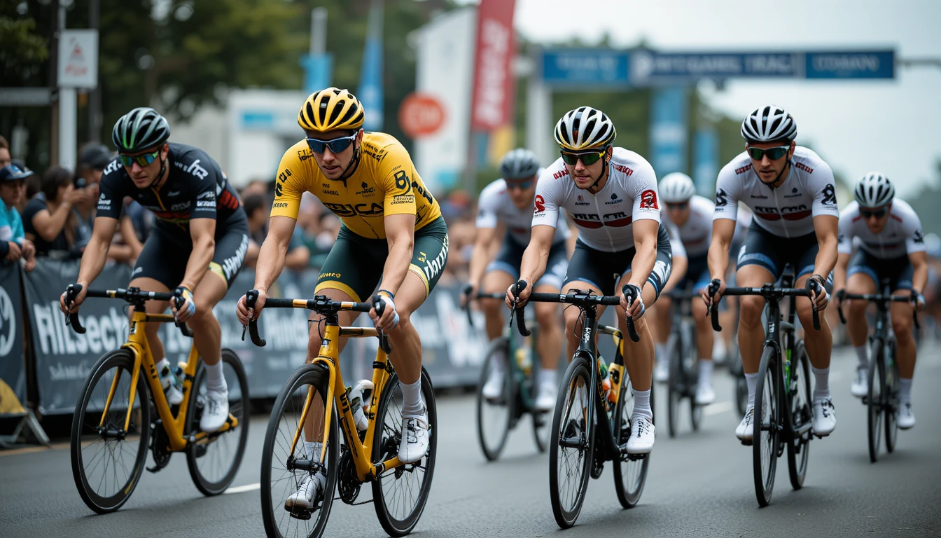 Professional cyclists racing on a city road in close formation