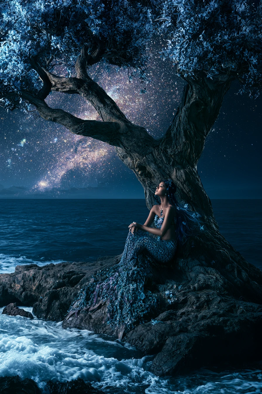 Sirena posando en una costa rocosa bajo un árbol encantado