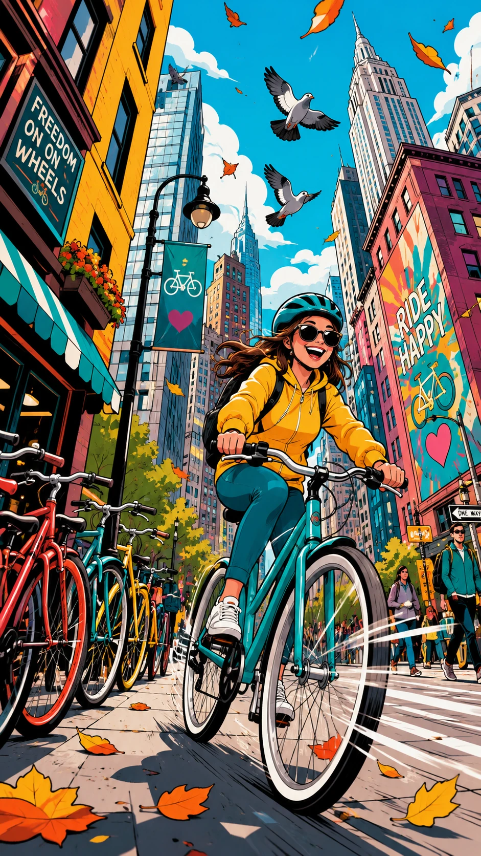 Ciclista alegre a toda velocidad por una colorida calle de la ciudad