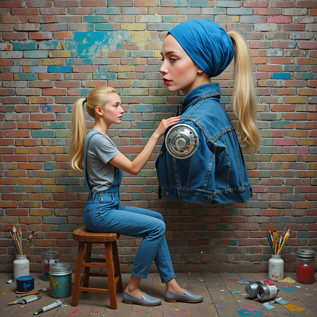Joven mujer tocando a su gigantesco doble surrealista en un estudio