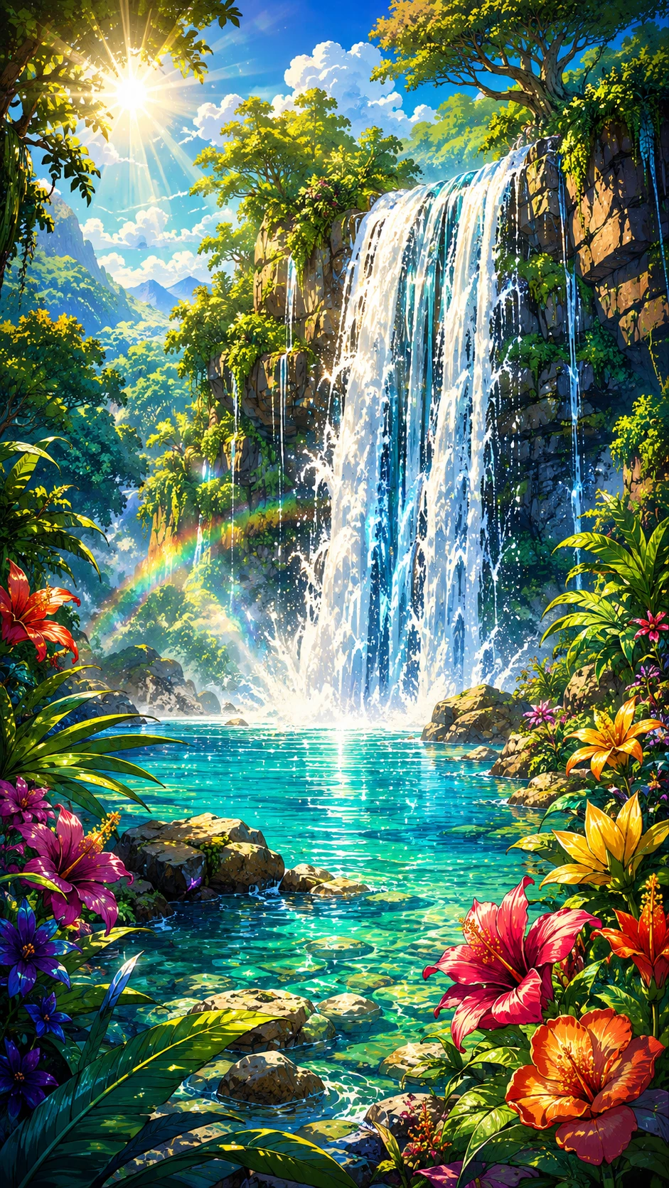 Cascada colorida que cae en una brillante poza del bosque
