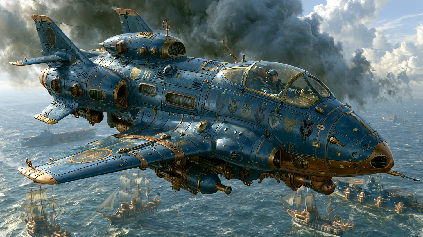 Steampunk Fighter Jet Soaring Through Stormy Night Sky