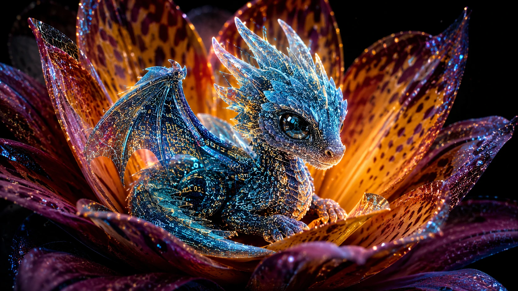 Pequeño dragón de datos descansando dentro de una flor exótica
