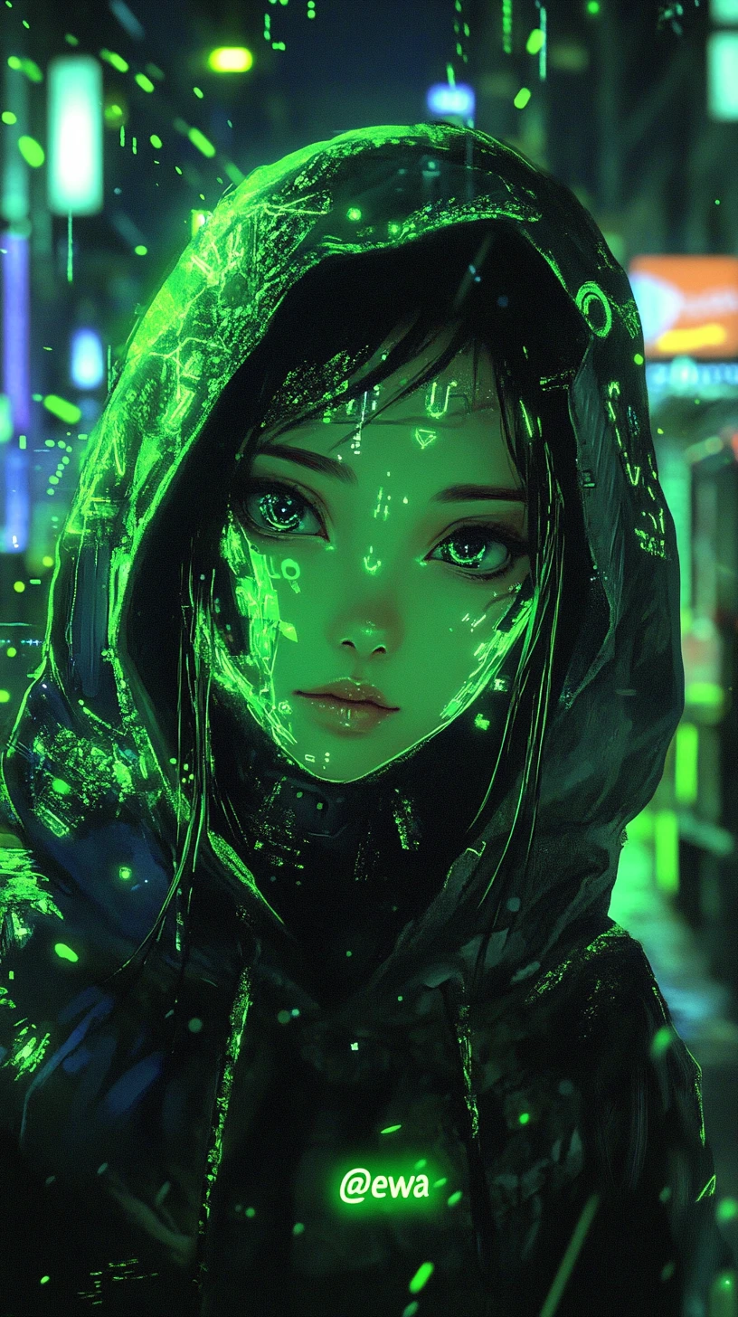 連帽外套霓虹賽博龐克光暈的動漫女孩