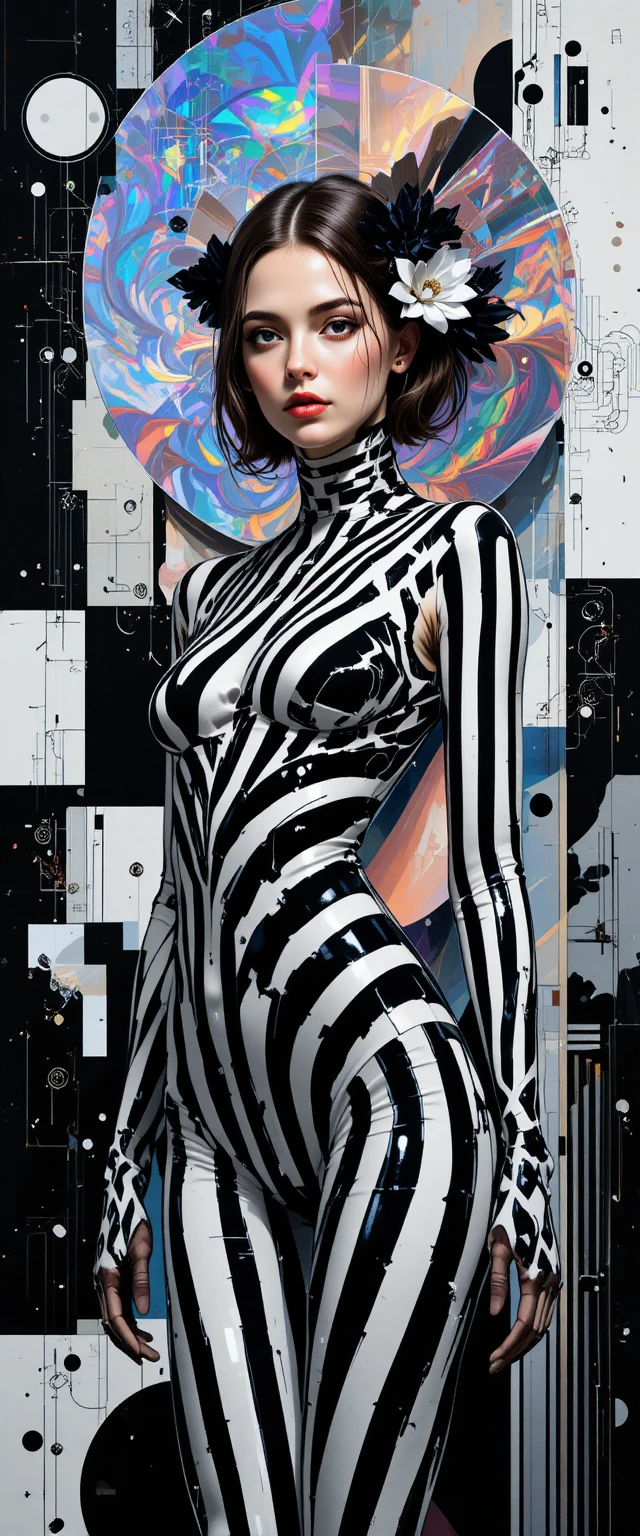 Chica de portada surrealista con llamativas rayas y colores en espiral