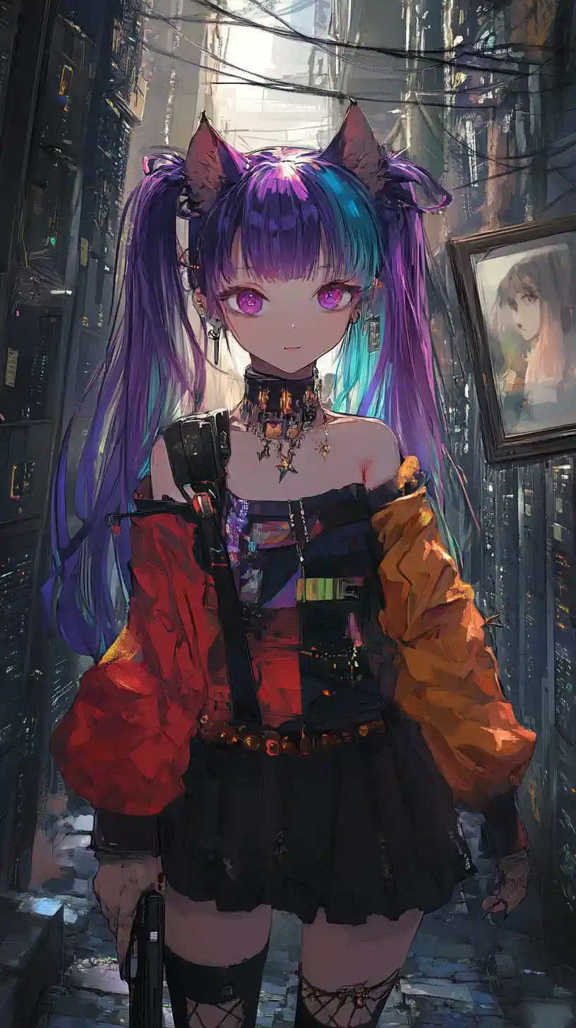 Anime girl with purple braid walking a black cat in city