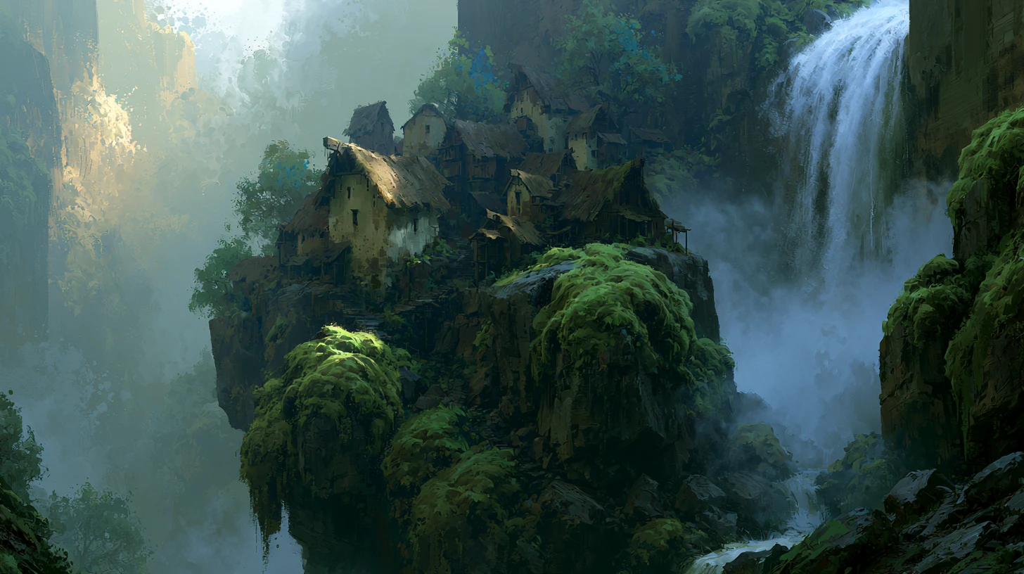 Mystical village on rocky cliffs with cascading waterfall