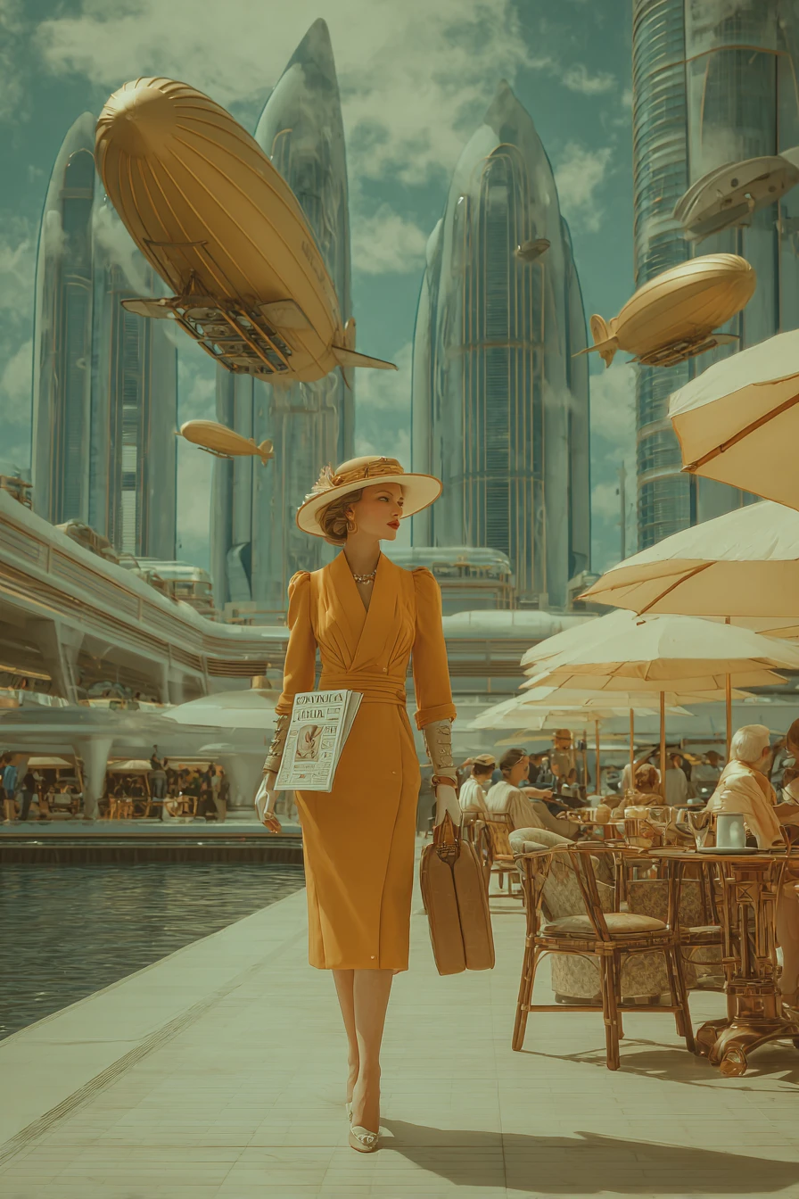 Elegant woman walking beside canals in futuristic city