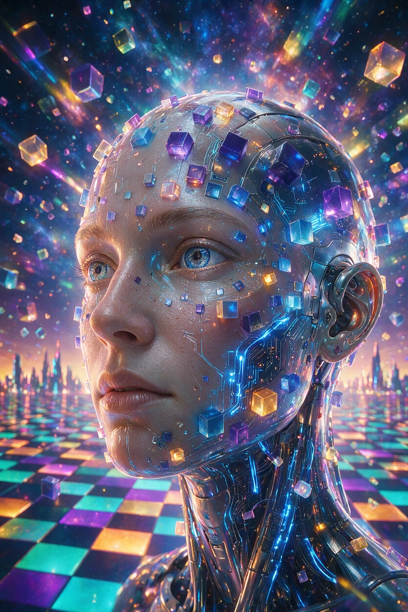 Cabeza de cyborg futurista con cubos brillantes y circuitería