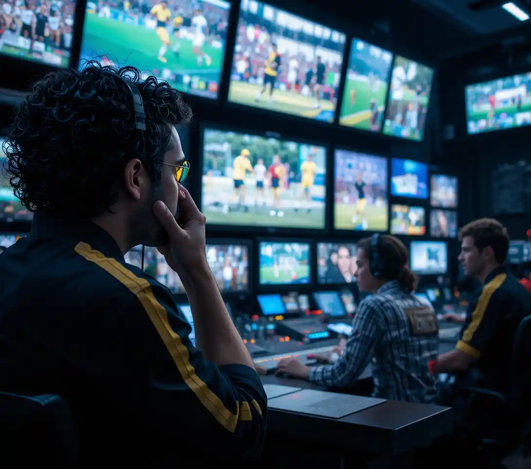 Team della sala di controllo televisiva che monitora più schermi in diretta