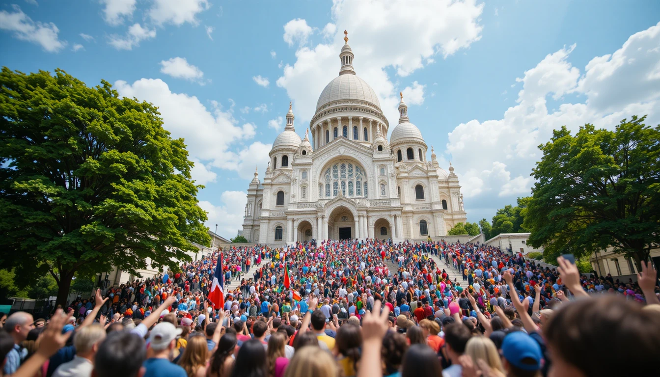 Folla in festa sui gradini del Sacré-Cœur a Parigi