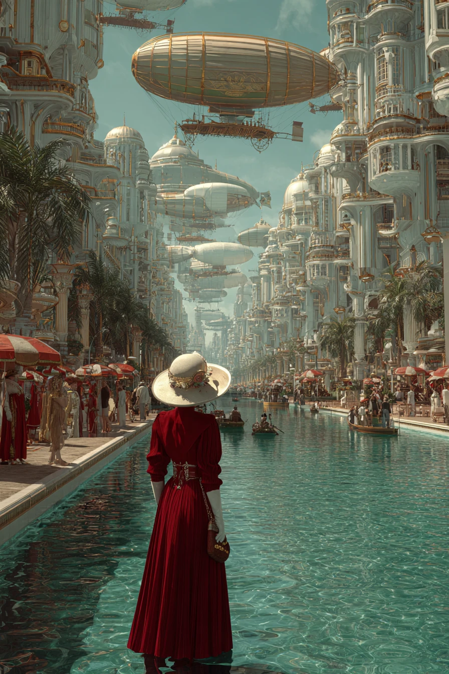 Mujer elegante caminando por los canales de una ciudad futurista