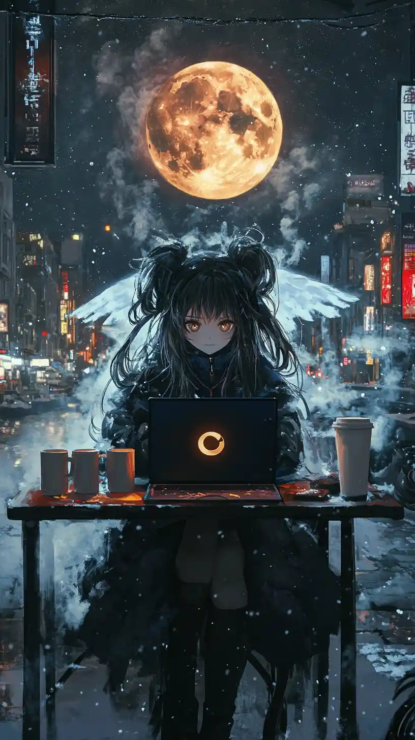 Anime girl in a cafe with laptop and angel logo screen