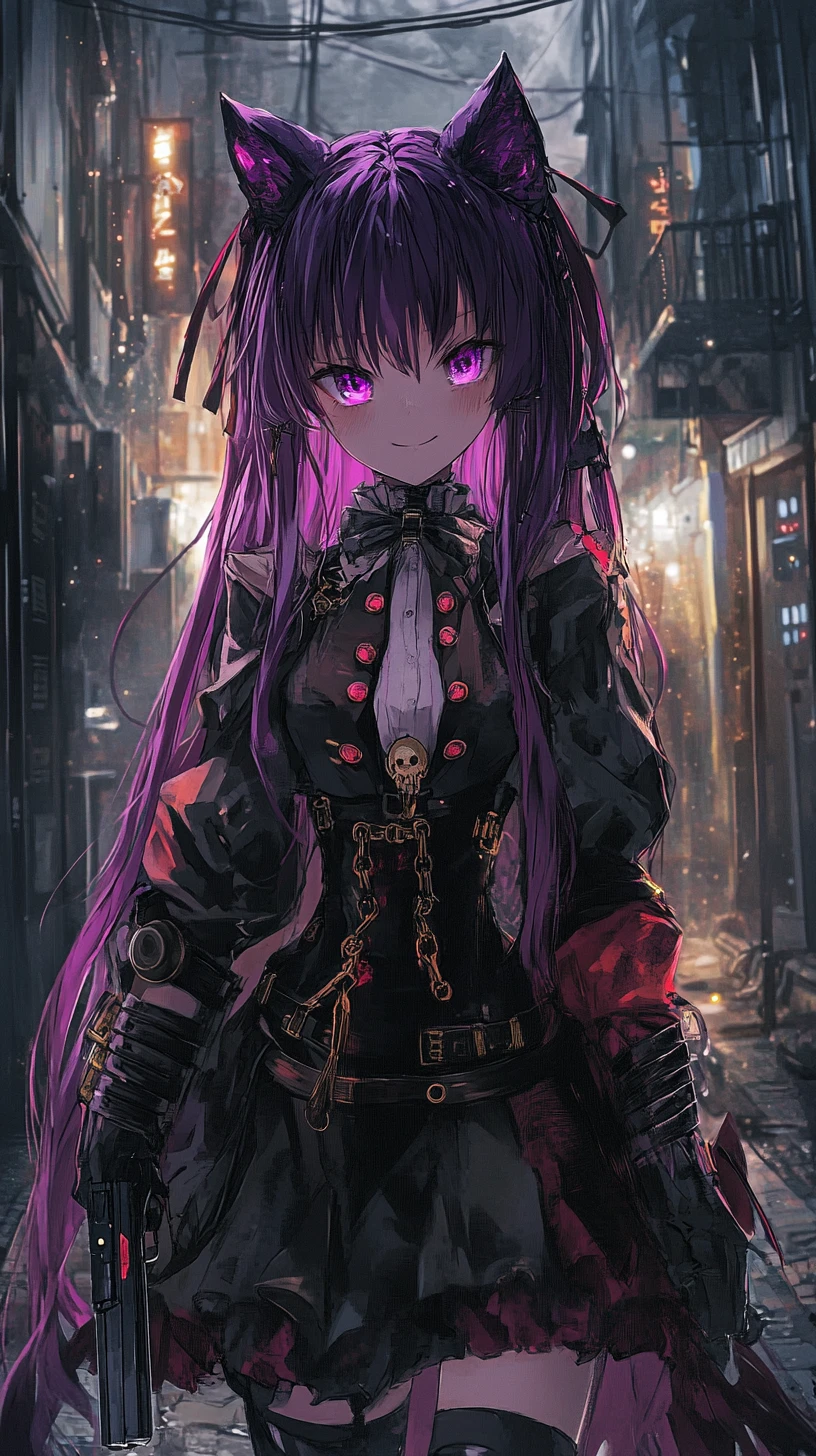 Anime girl with purple braid walking in city street