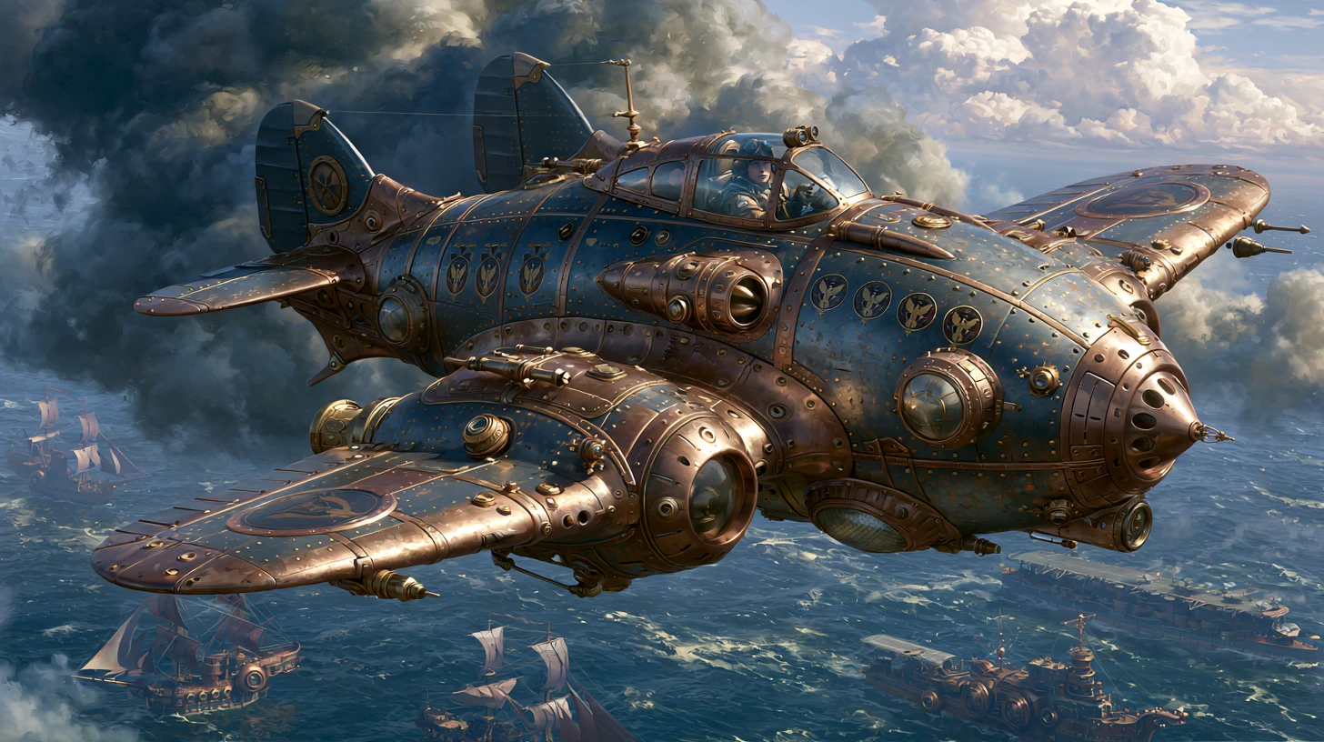 Steampunk Fighter Jet Soaring Above a Dark Stormy Ocean