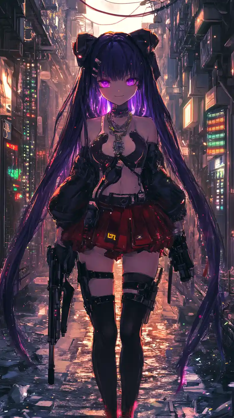 Anime girl with purple braid walking in city street