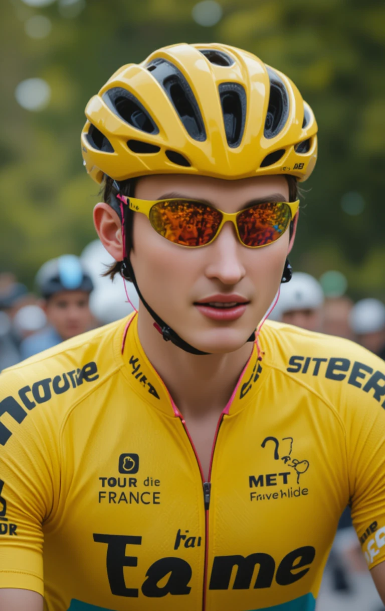 Focused young cyclist in yellow jersey and helmet