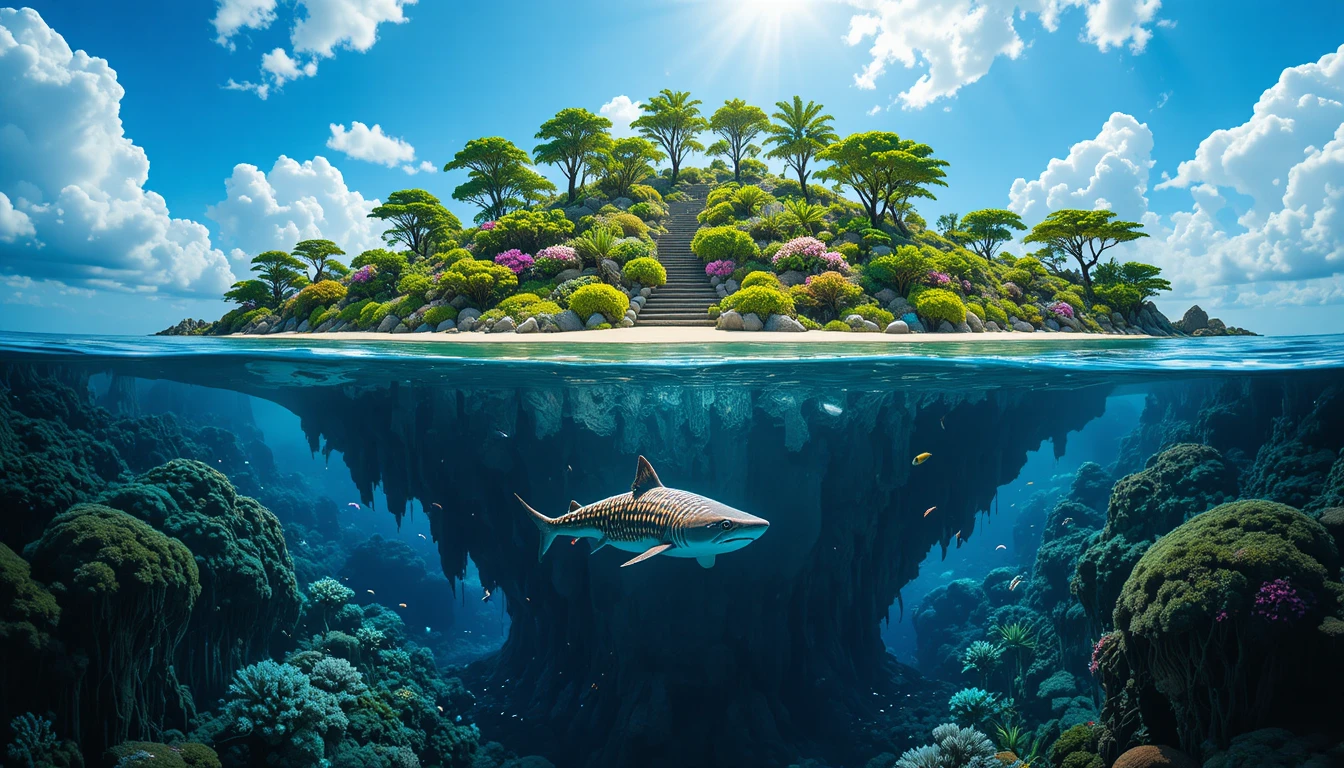 Vista dividida de isla tropical y mundo submarino de tiburones