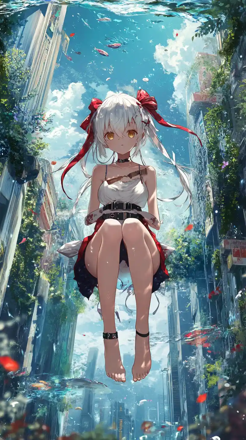 Anime girl relaxing on a pool float by a tropical hotel