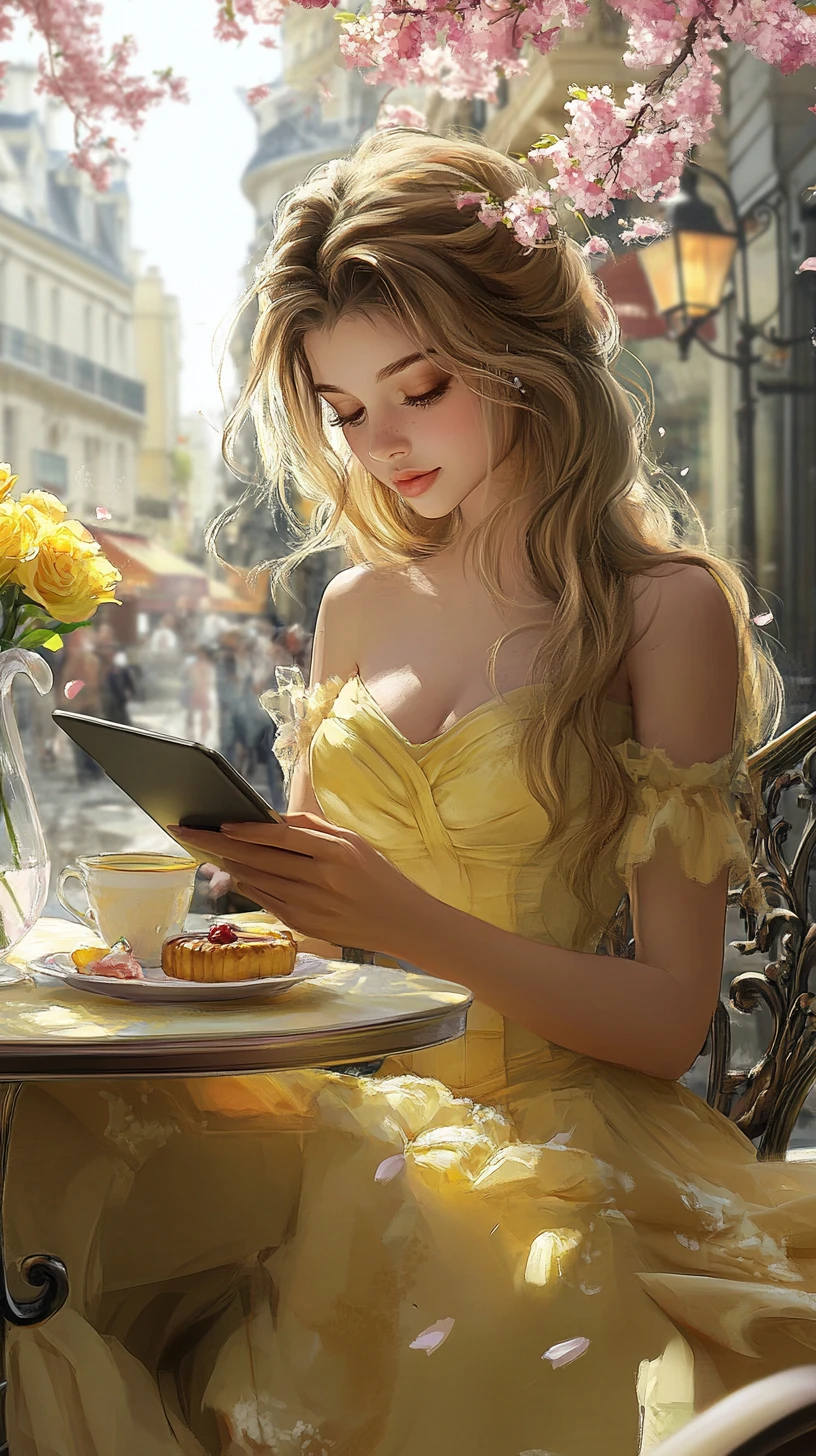 Joven leyendo en una mesa de café en la calle de París